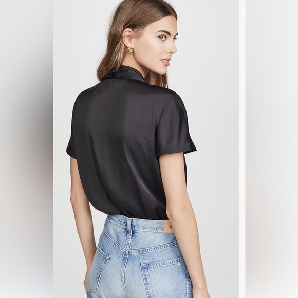 NWT Paige Dijon Satin Short Sleeve Faux Wrap Thong Bodysuit Black, Sz S - Picture 4 of 12